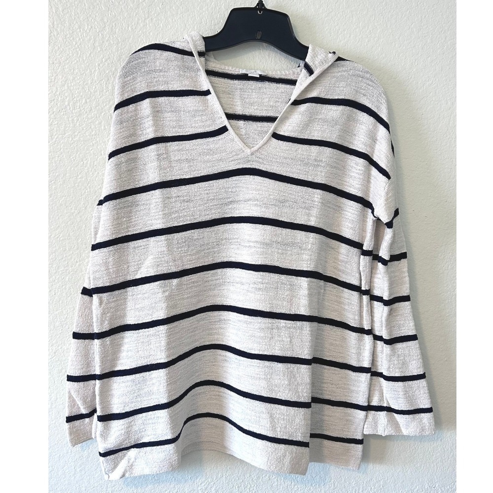 Coastal J. Jill Striped Hoodie Sweater Cream Navy Cotton Blend V-Neck SZ S